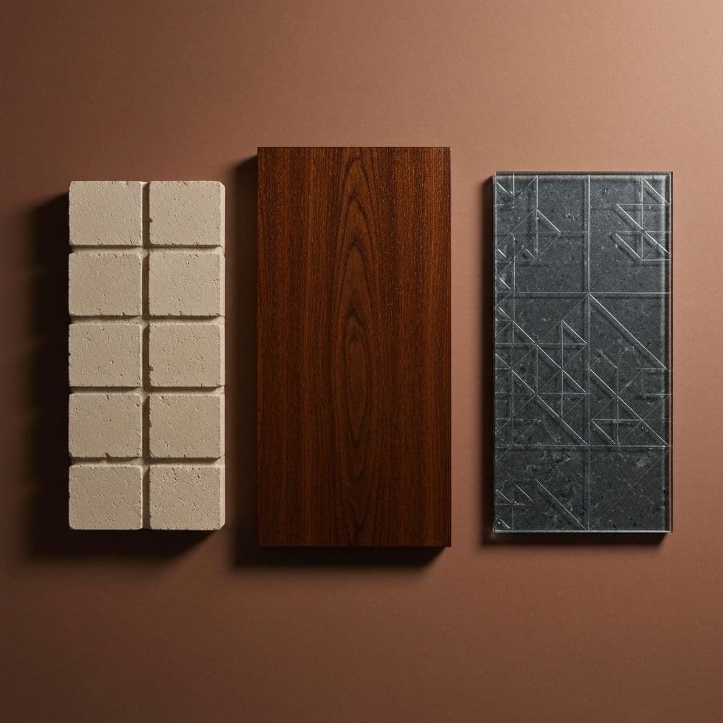 Architectural material samples including dark basalt, warm white oak, brushed bronze, and linen