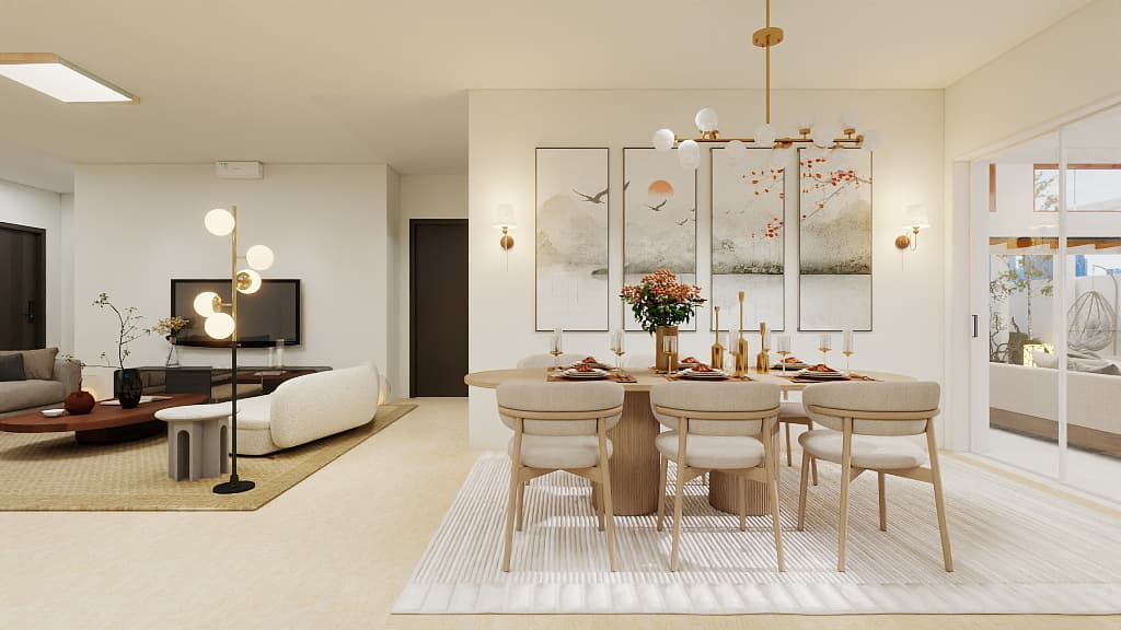 Luxurious modern interior with integrated ambient lighting and natural materials